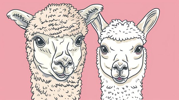 A vector illustration of two cute cartoon llamas with big eyes and fluffy fur