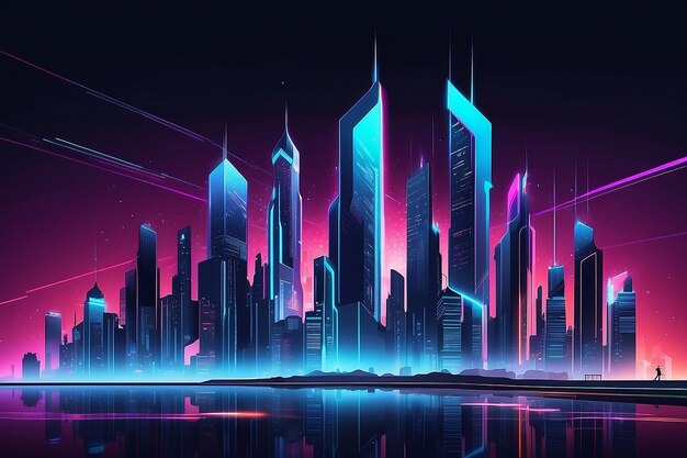 Vector illustration urban architecture cityscape with space and neon light effect modern hitech science futuristic technology concept abstract digital high tech city design for banner background