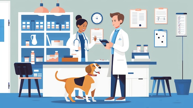 A vector illustration of a vet and a dog The vet is holding a clipboard and talking to the dog