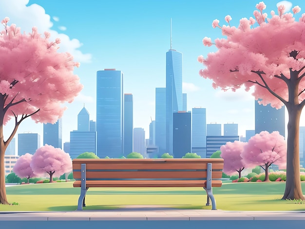 Vector illustration of a view in a modern city with benches in the park