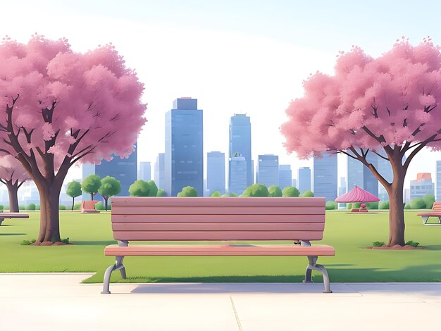 Vector illustration of a view in a modern city with benches in the park