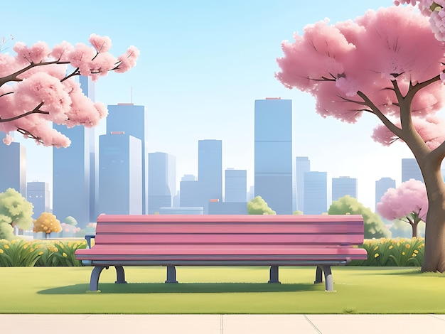 Vector illustration of a view in a modern city with benches in the park