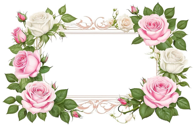 Vector Illustration of vintage frame with pink and white roses rose buds and green leaves on a white background