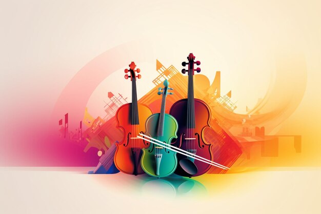 Vector illustration of a violin on a colorful background with a wave