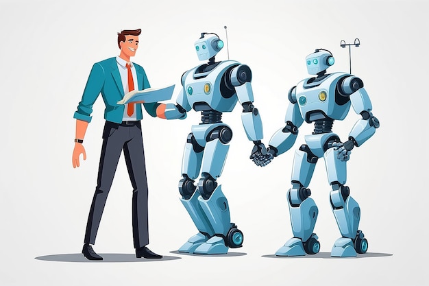 Vector illustration on white background business porters are a successful team The investor keeps money in ideas financing creative projects handshake for robot and men