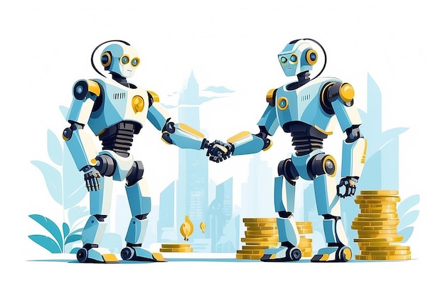 Vector illustration on white background business porters are a successful team The investor keeps money in ideas financing creative projects handshake for robot and men