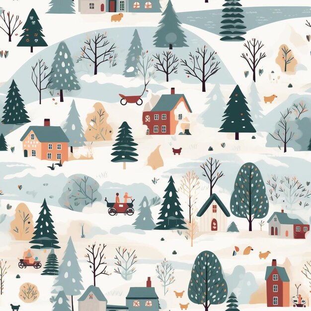 A vector illustration of a winter scene with a house and trees