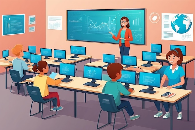 Vector illustration with children working on computers teacher teacher