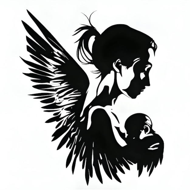 Векторная иллюстрация женщины и ребенка в черном силуэте на чистом белом фоне