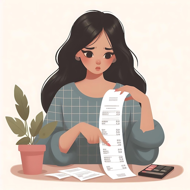 Photo vector illustration of woman examining billing statement