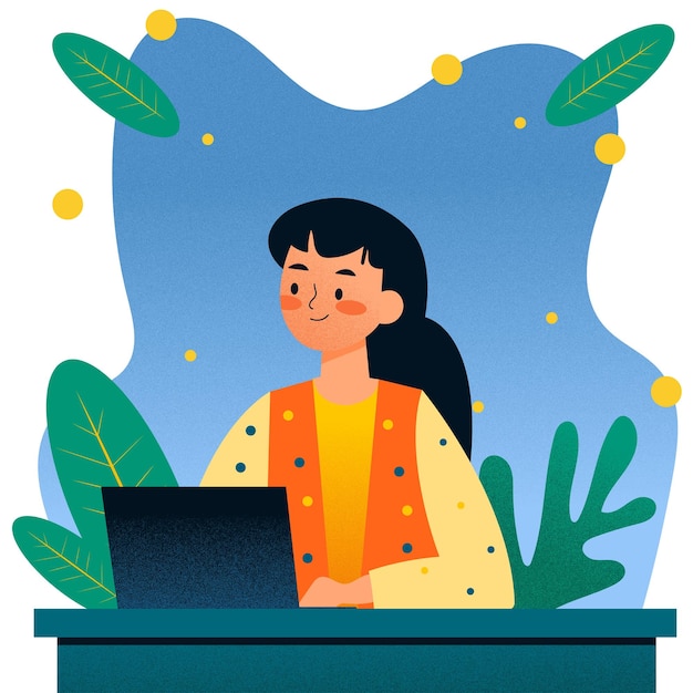 Vector illustration of a woman working on a laptop with a blue background