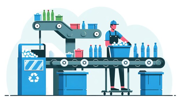 Vector illustration of a worker sorting recyclables on a conveyor belt