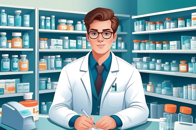 A vector illustration of Working Pharmacist at Pharmacy