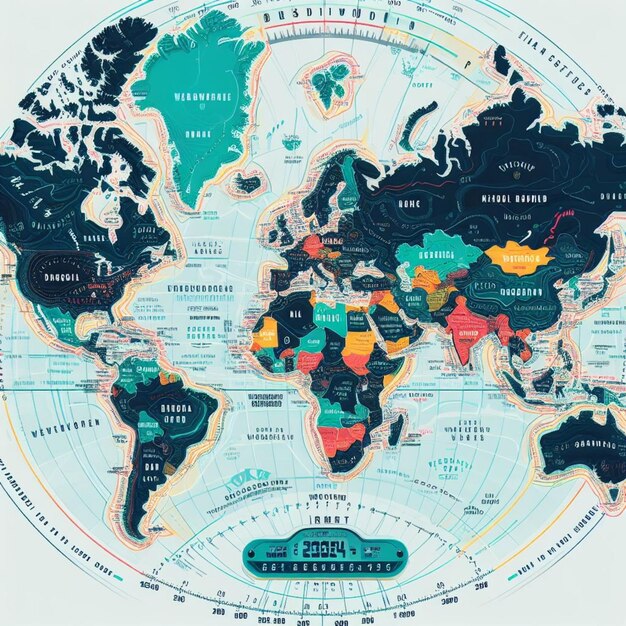 터 일러스트레이션: 2024년 세계 지도와 시간