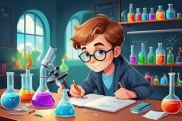 Photo vector illustration of a young boy studying chemistry in a classroom full of equipment