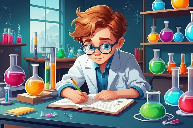 Photo vector illustration of a young boy studying chemistry in a classroom full of equipment