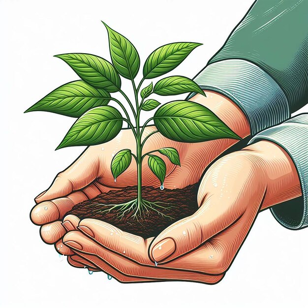 Vector illustration of young fresh plant in human hand