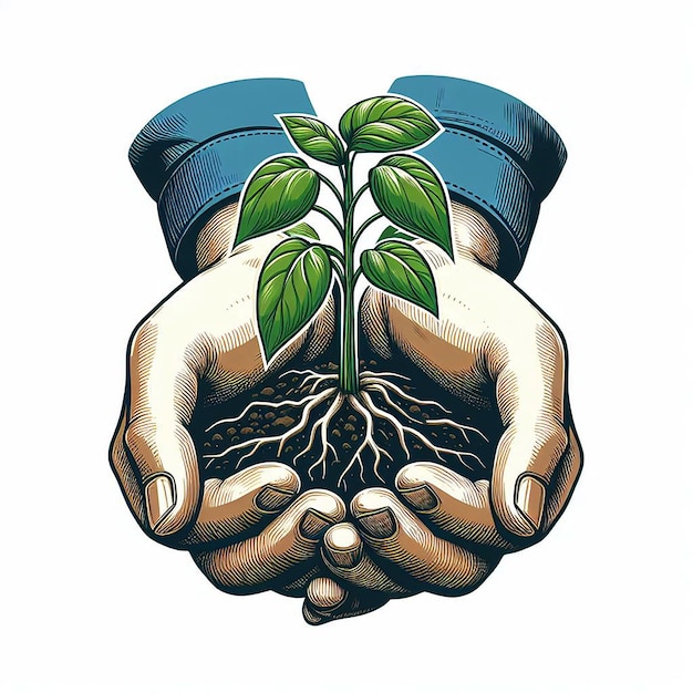 Vector illustration of young fresh plant in human hand