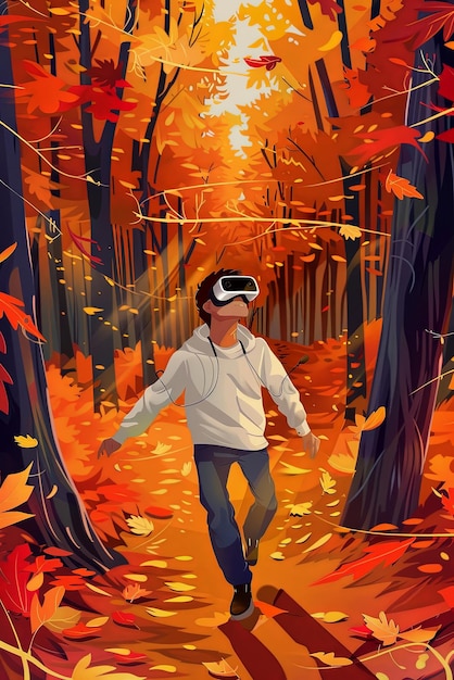 Vector illustration of a young man with virtual glasses he is in a park