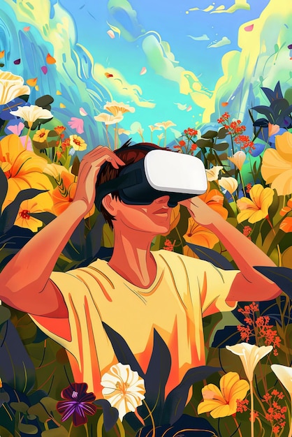 Vector illustration of a young man with virtual glasses he is in a park