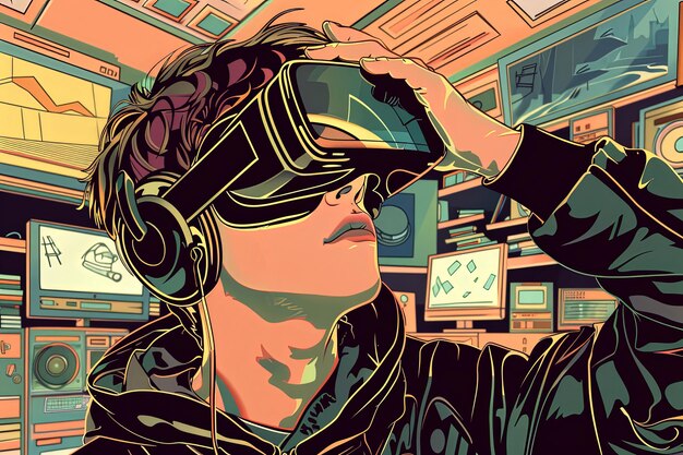 Vector illustration of a young man with virtual glasses