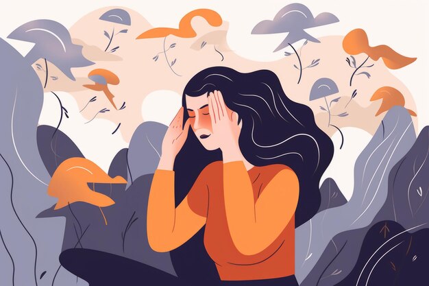 Vector illustration of a young woman suffering from headache migraine or stress