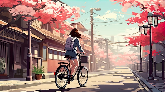 vector illustrator woman cycling on a beautiful street generate AI