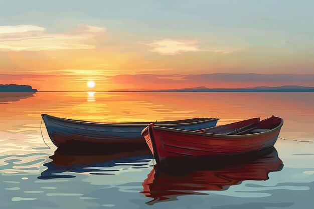 Vector illustrtion of Two small wooden fishing boats float on a calm lake during sunrise