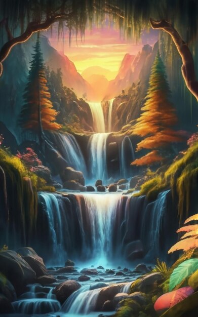 Photo vector image of an enchanting shimmering waterfall surrounded by intricate details of a beautiful