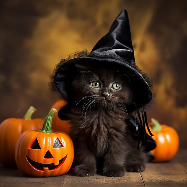 Photo vector image illustration of cat with witch hat and pumpkins