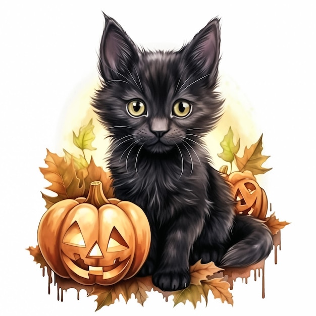 vector image illustration of cat with witch hat and pumpkins