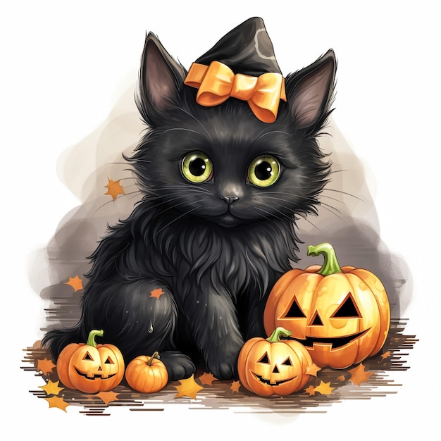 vector image illustration of cat with witch hat and pumpkins