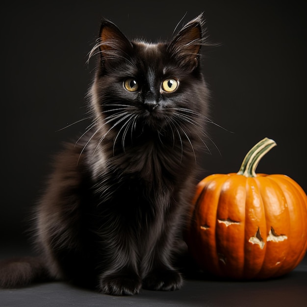 vector image illustration of cat with witch hat and pumpkins