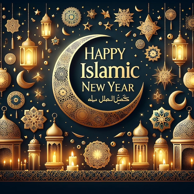 写真 ベクトルイスラム新年トップにモスクを掲げた新年おめでとうのポスター