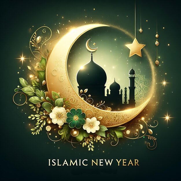 Photo vector islamic new year a black background with a picture of a mosque and flowers