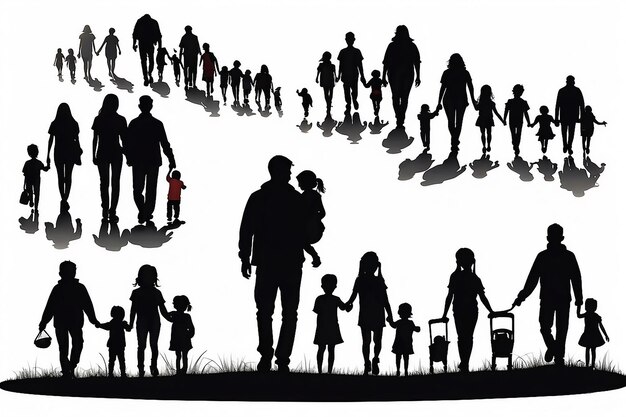 Vector isolated black silhouette parents and children families