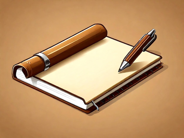 Фото Вектор изолированный ноутбук и ручка на коричневом фоне мультфильм ai_generated
