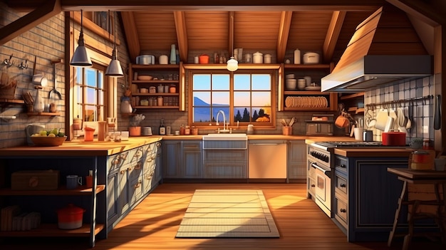 Vector kitchen interior in rustic house generative ai