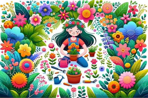 Vector kleurrijke illustratie van een schattige vrouw omringd door een levendige tuin vol bloemen