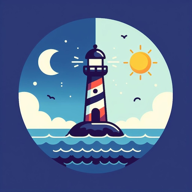 Vector lighthouse in the ocean day and night moon and sun