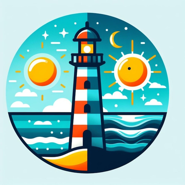 Vector lighthouse in the ocean day and night moon and sun