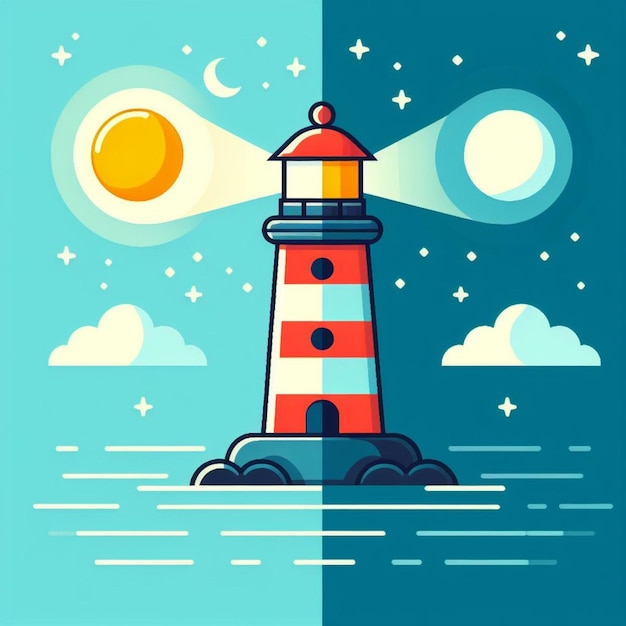 Vector lighthouse in the ocean day and night moon and sun