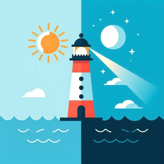 Vector lighthouse in the ocean day and night moon and sun