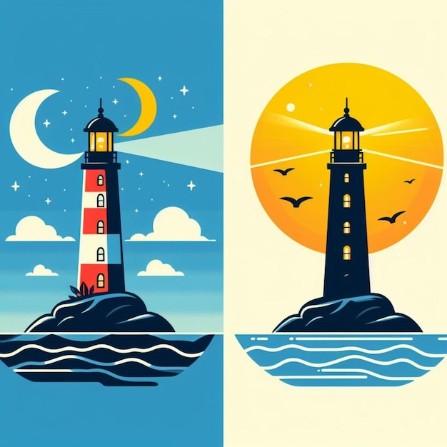 Vector lighthouse in the ocean day and night moon and sun