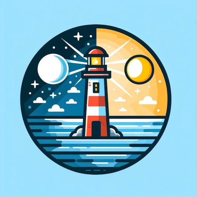 Vector lighthouse in the ocean day and night moon and sun