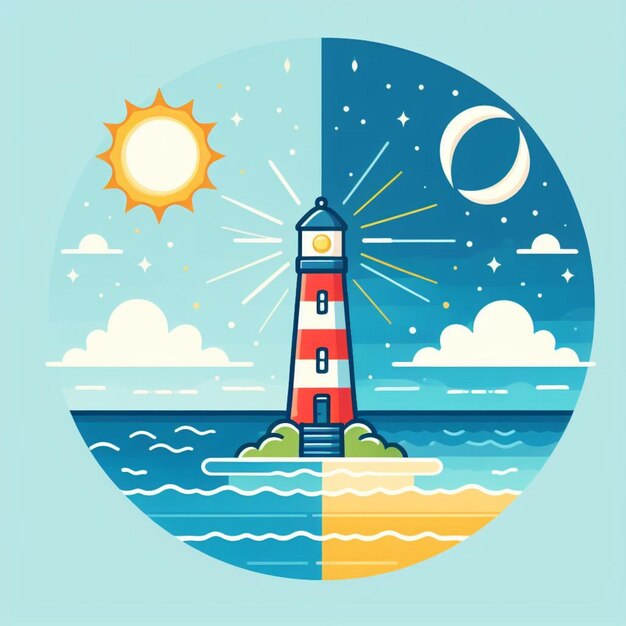 Vector lighthouse in the ocean day and night moon and sun