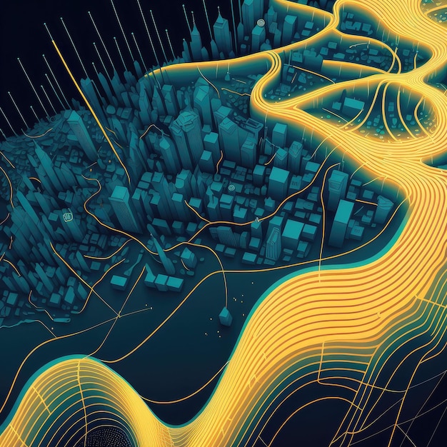 Photo vector line artwork of a city map that highlights beautiful data thermal map generated by ai