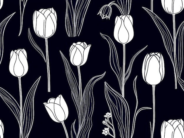 vector line drawing of tulips and wildflowers on a dark blue background