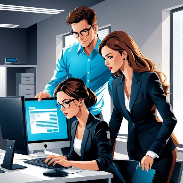 vector Man helping young woman work on computer in office