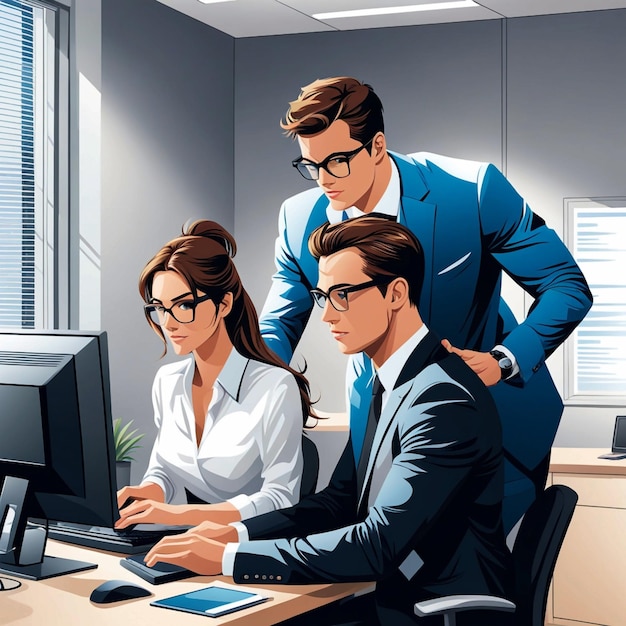 vector Man helping young woman work on computer in office